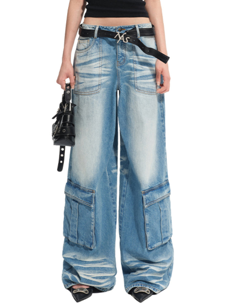 Washed Twill Denim Whisker Wide-leg Jeans - CHINASQUAD
