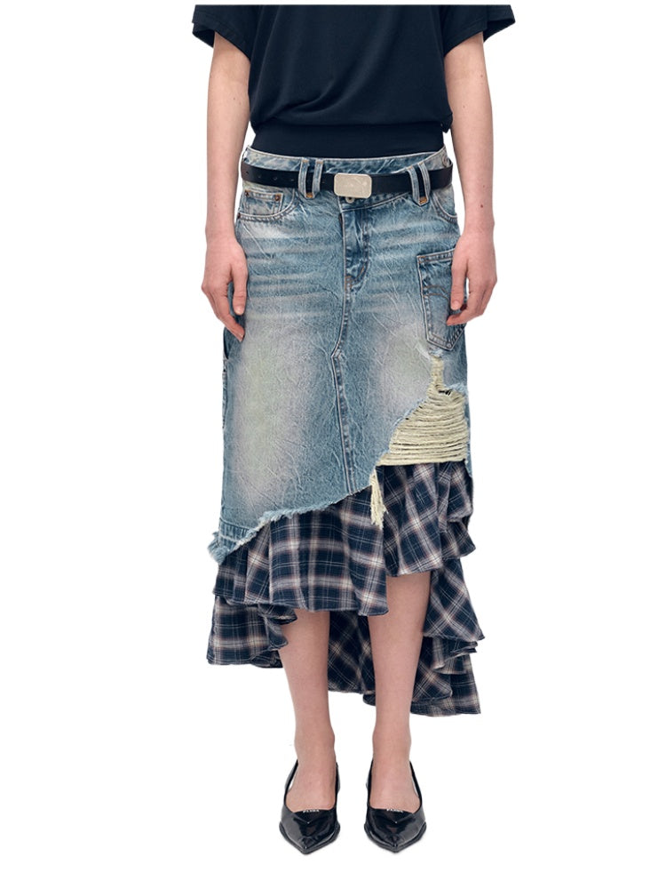 Irregular Denim Patchwork Plaid Fish Tail Skirt - CHINASQUAD