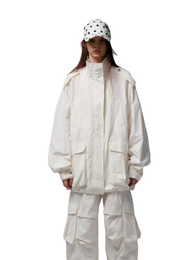 Embroidered Jacquard Multi-Pocket Stand-Collar Utility Jacket