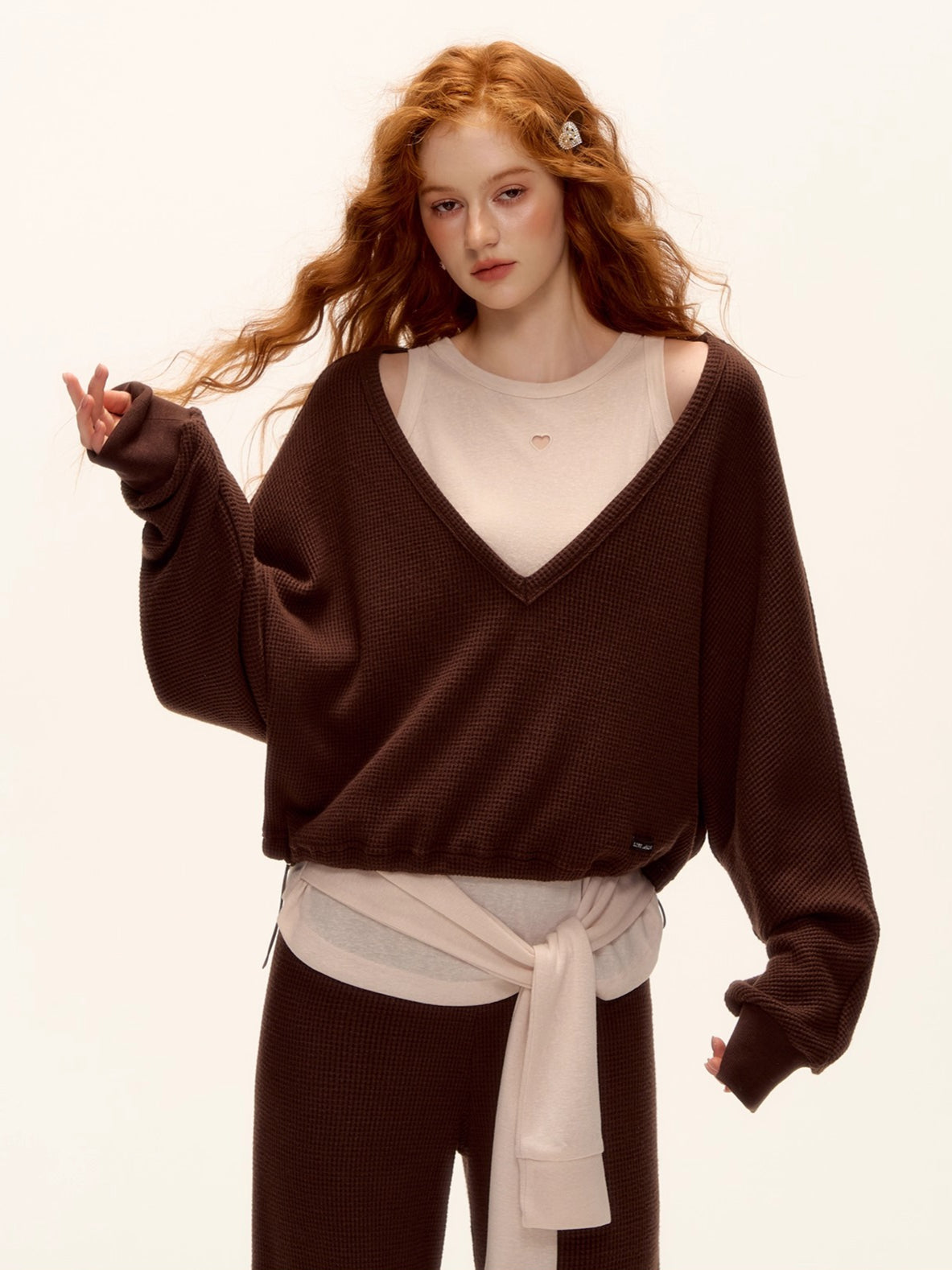 Waffle Knit V-Neck Pullover & Tank Top & Wide-Leg Pants Set