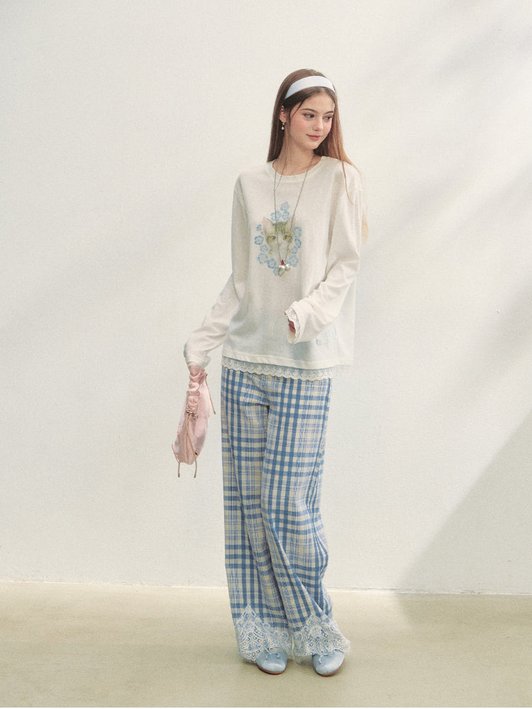 Lace Panel Animal Print Long-Sleeve Tee - CHINASQUAD