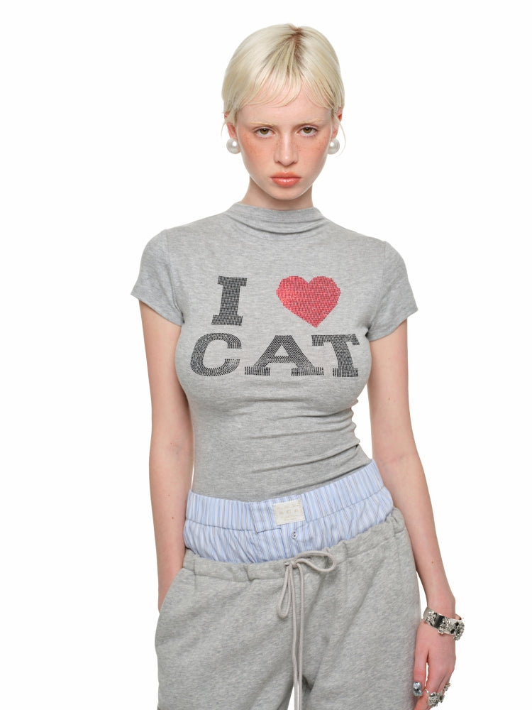 "I ♥ CAT" Rhinestone Fitted T-shirt - CHINASQUAD