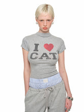 "I ♥ CAT" Rhinestone Fitted T-shirt - CHINASQUAD