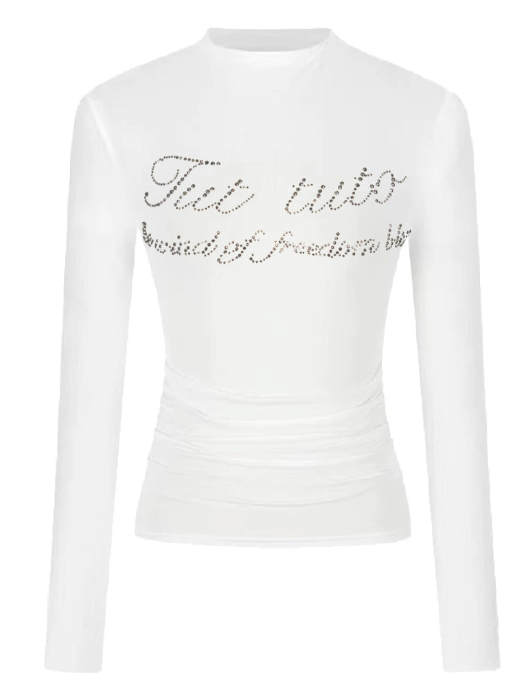 Letter Rhinestone Half-High Collar Base Shirt - CHINASQUAD