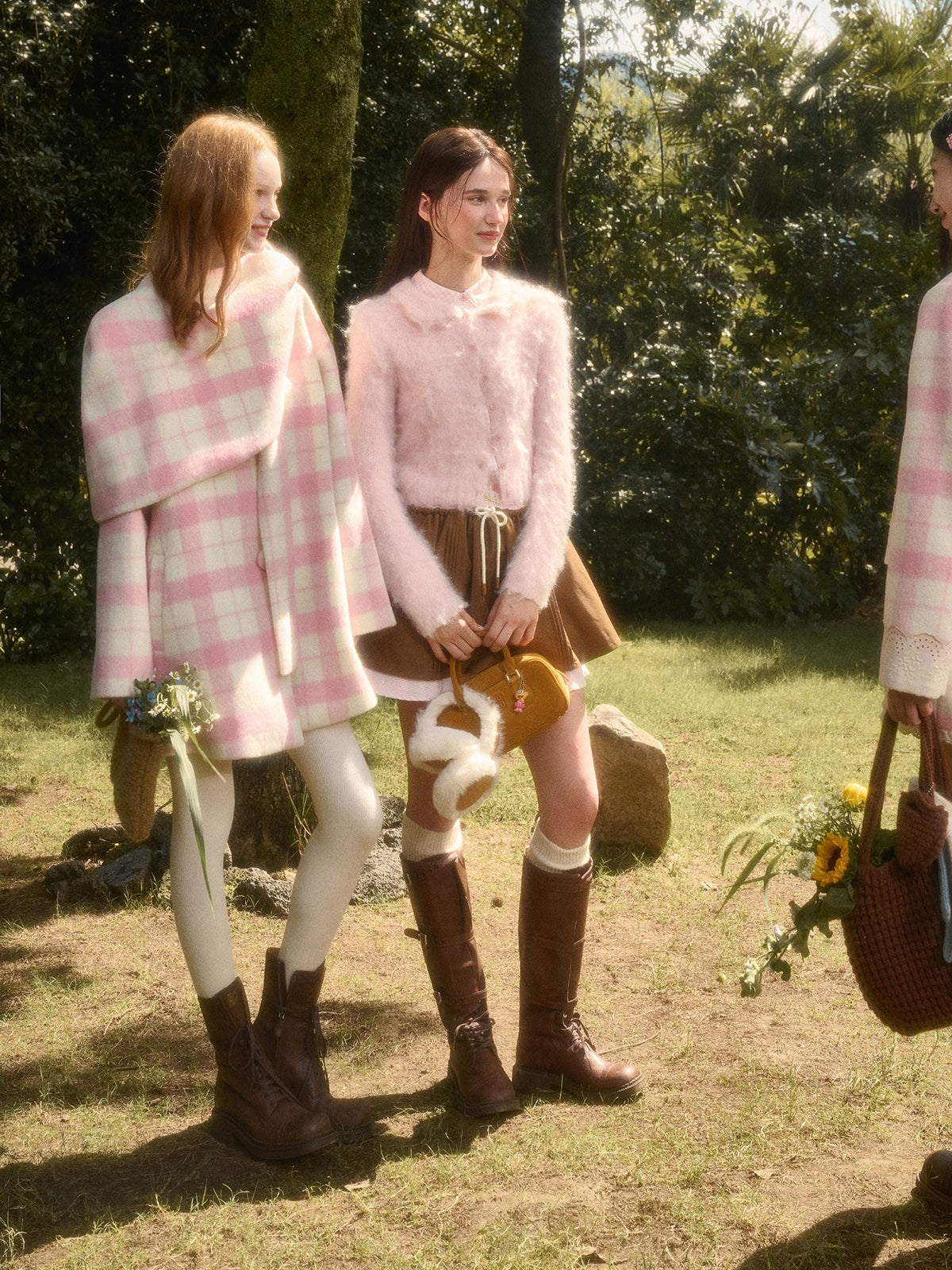 Baby Pink Raspberry Check Wool-Like Cape Coat