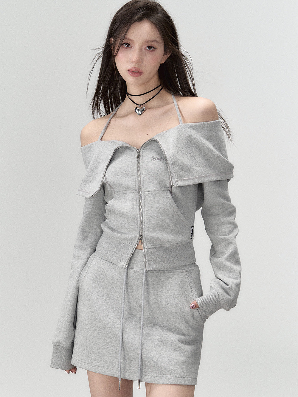 Gray & Brown Hooded Off-Shoulder Blouse & Shorts Set - CHINASQUAD