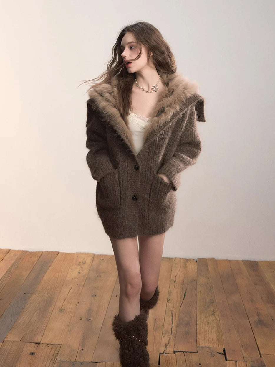 Fox Fur Collar Plush Knit Cardigan