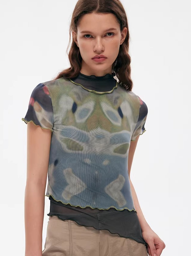 Designer Tie-Dye Sheer Mesh Fitted T-Shirt