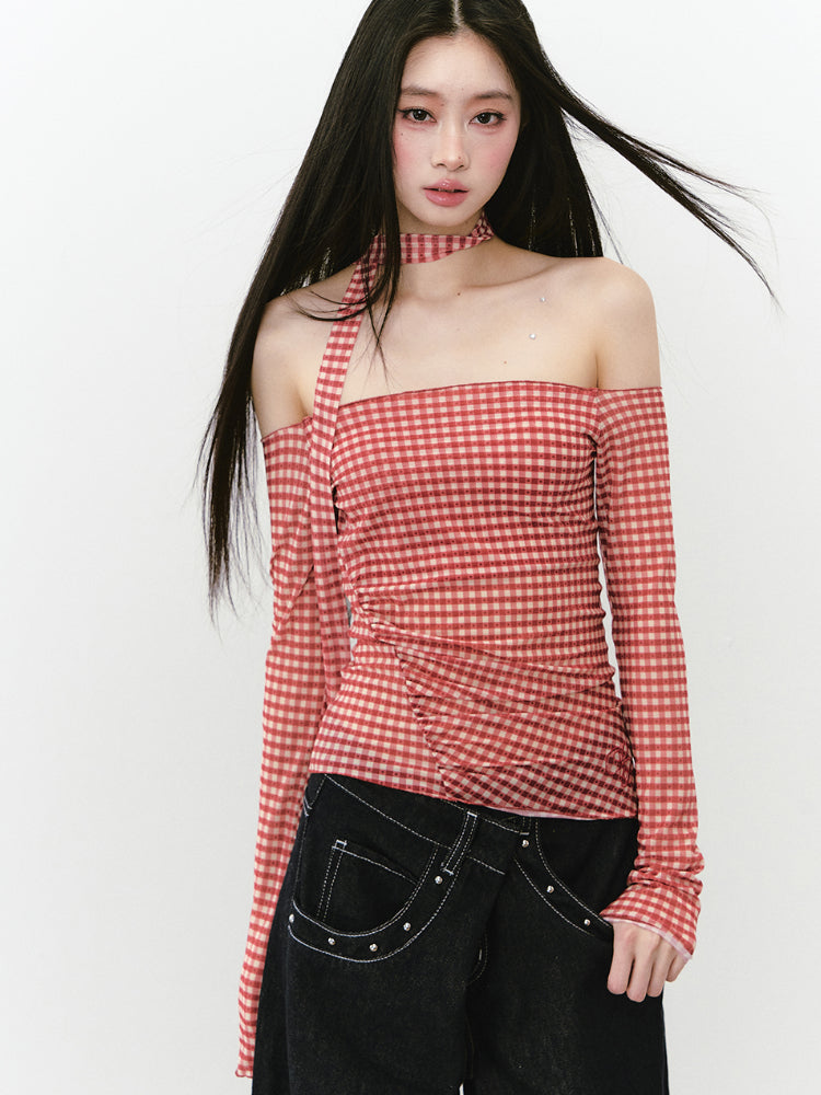 Plaid Mesh Ribbon Sunshade Long Sleeve T-shirt
