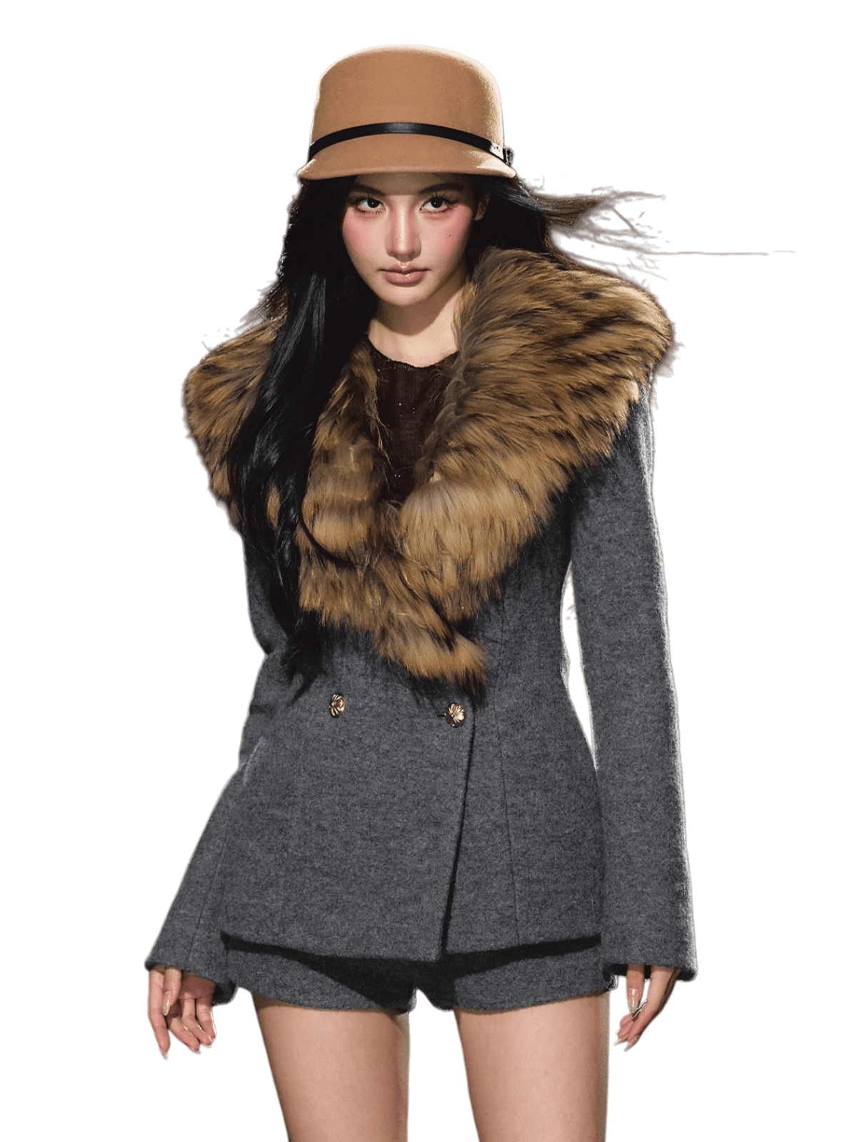 Detachable Fur Collar Wool Tailored Blazer & Shorts Set