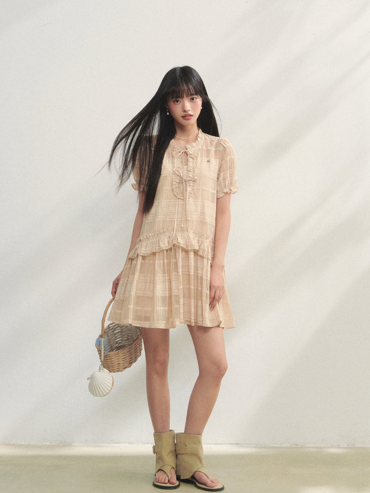 Checkered Hollow-Out Ruffled Dress Set - CHINASQUAD