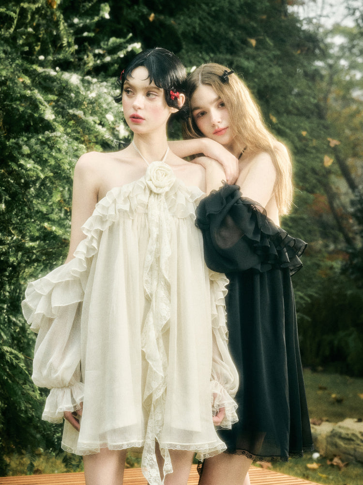 Halter Neck Off-Shoulder Ribbon Dress - CHINASQUAD