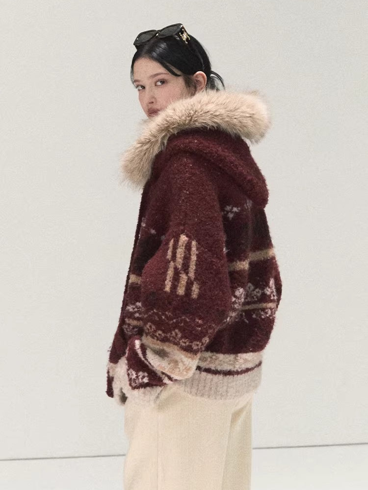 Detachable Fur-Collar Wool Hooded Cardigan