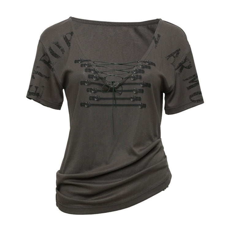 Vintage Lace-Up Graphic V-Neck Tee