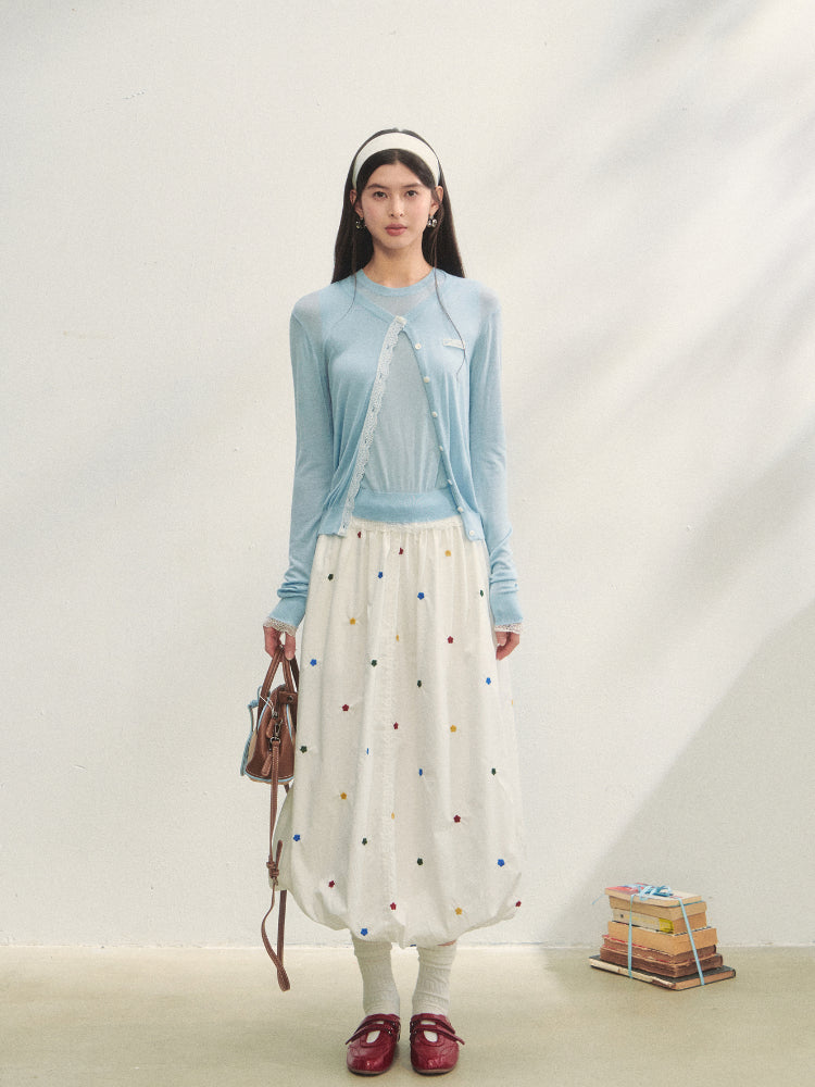 Lace Trimmed Crew Neck Knitted Cardigan Set - CHINASQUAD