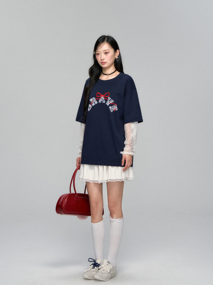 Lace-spliced Alphabet Bow T-shirt - CHINASQUAD