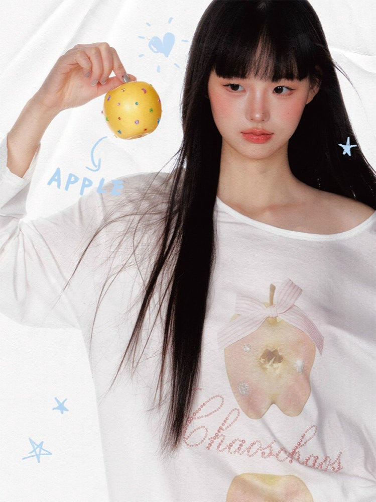Off-Shoulder Crystal Apple Print Loose T-Shirt