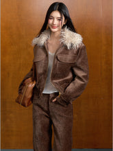 Vintage Brown Suede Jacket with Removable Fur Collar - CHINASQUAD