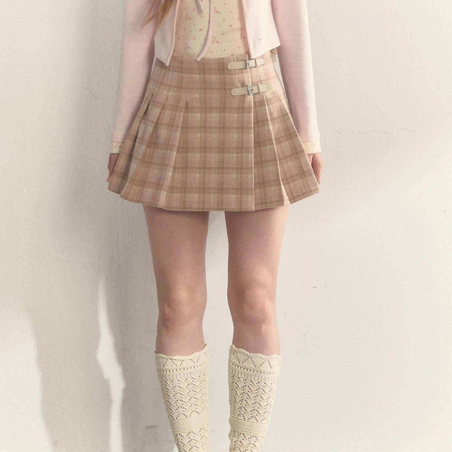 Vintage Plaid Wool Leather Buckle Pleated Skirt