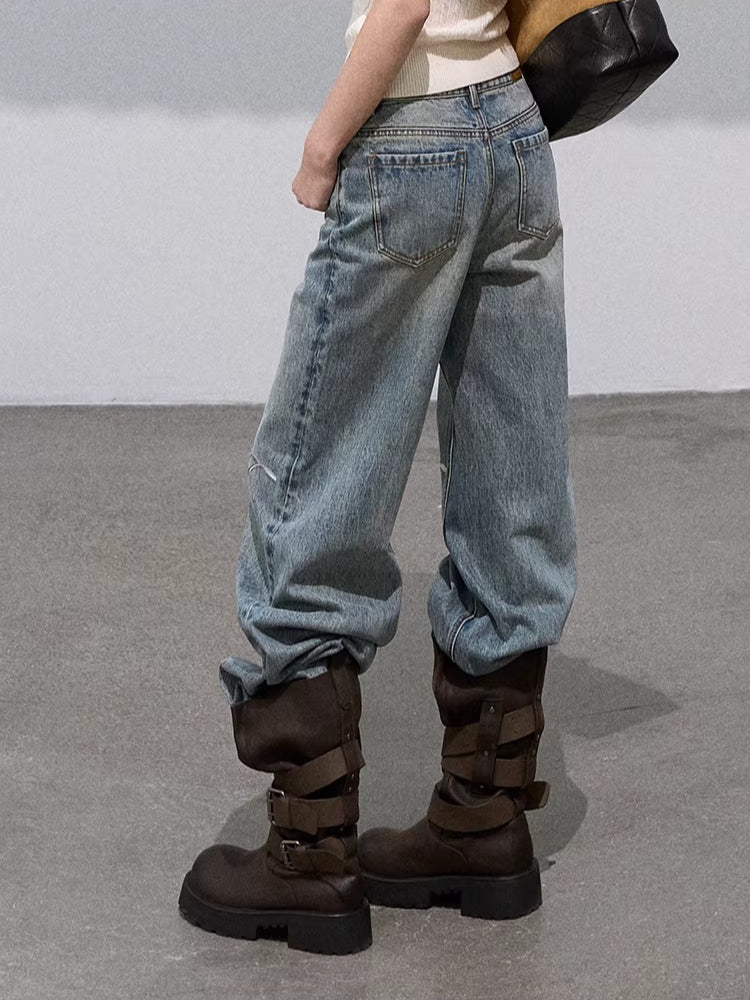 Vintage-Washed Cotton Wide-Leg Jeans