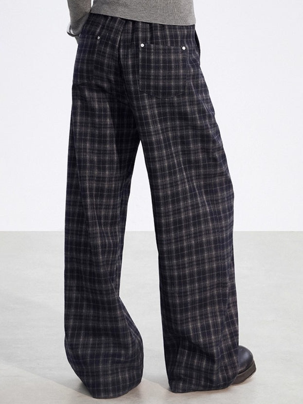 Plaid Fleece-Lined Wide-Leg Trousers