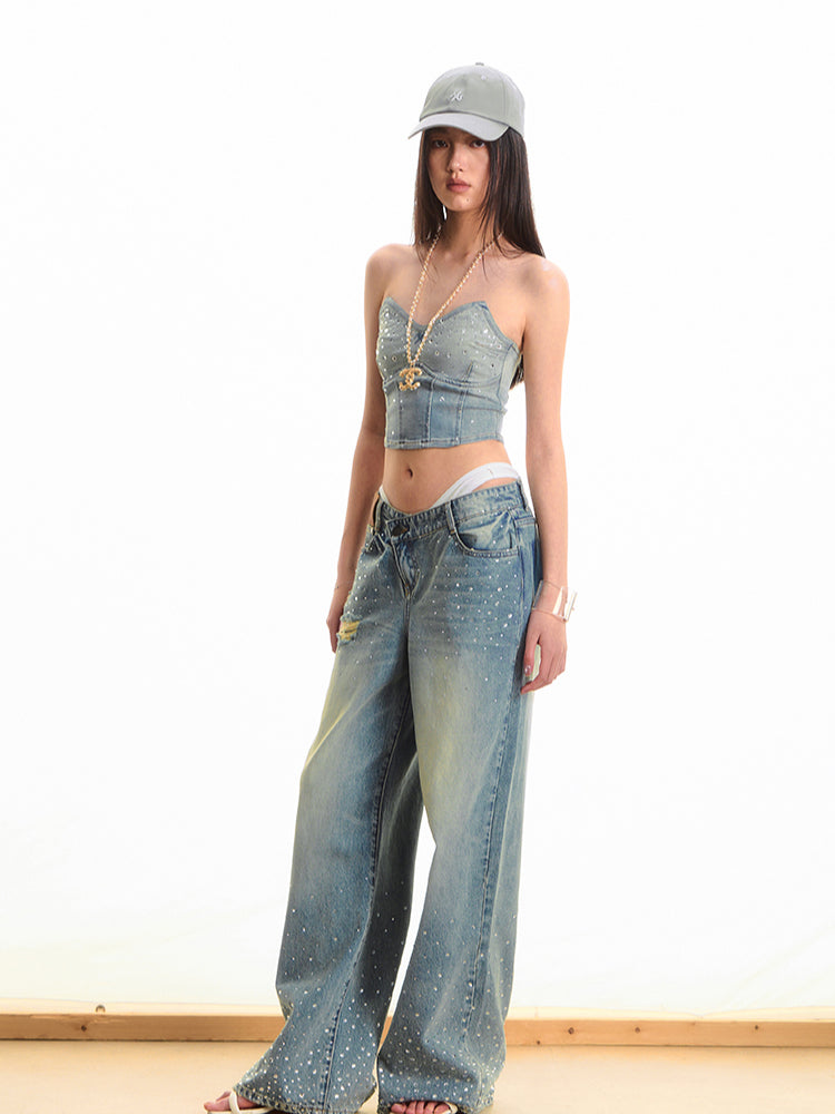 Washed Rhinestone Straight-Leg Wide-Leg Pants - CHINASQUAD