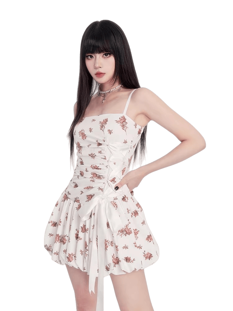 Dream French Floral Bow Waist Puff Dress