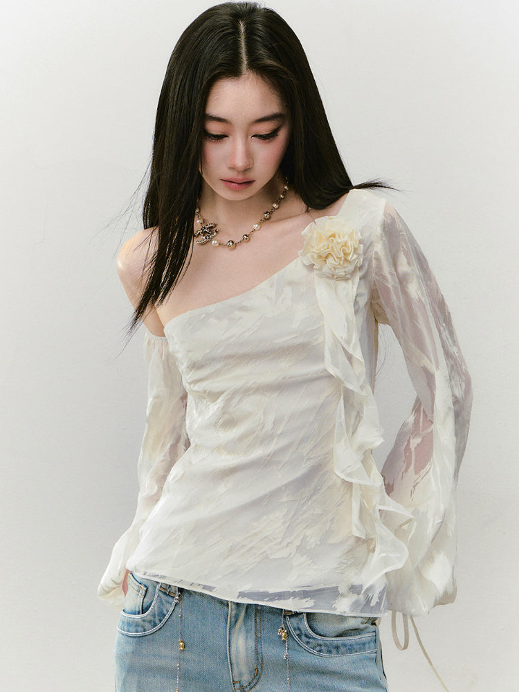 Irregular Slant Shoulder Lantern Sleeve T-shirt - CHINASQUAD