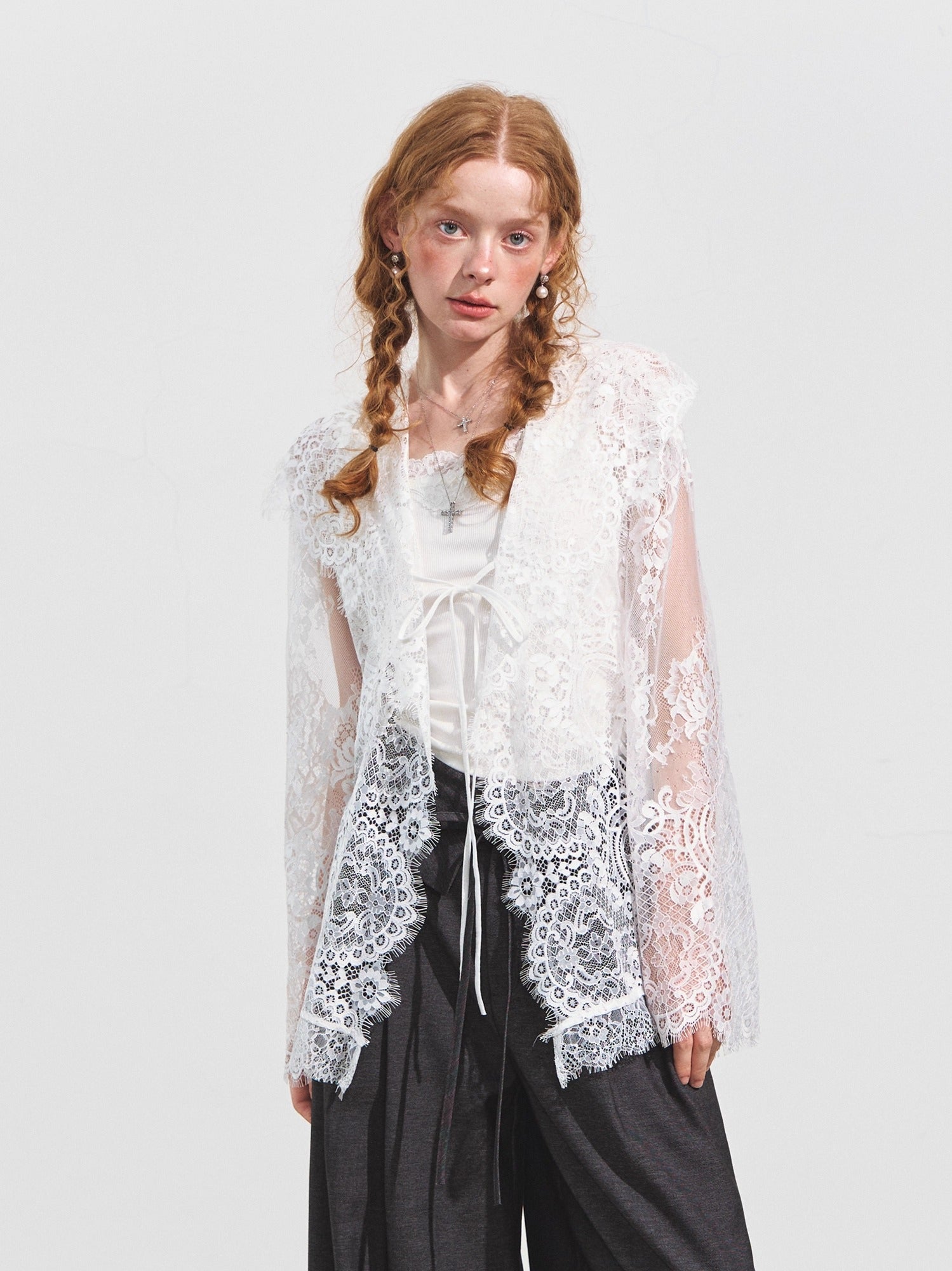 Hooded Lace Panel Overlay Blouse - CHINASQUAD