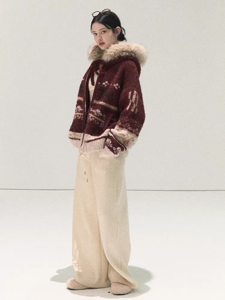 Detachable Fur-Collar Wool Hooded Cardigan