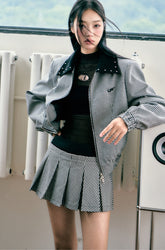 Silhouette Flight Jacket with Plaid Skirt Set - CHINASQUAD