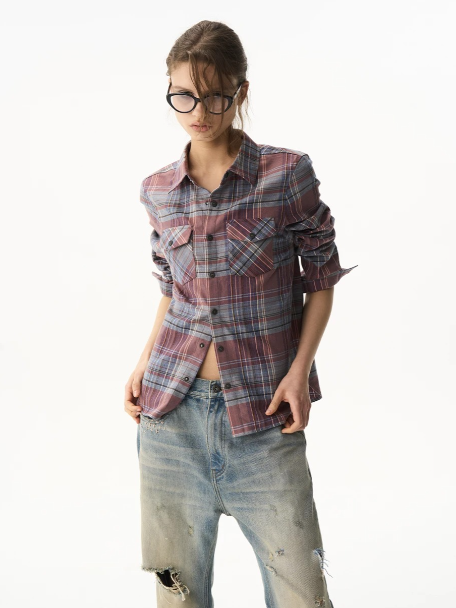 Cropped Embroidered Check Shirt