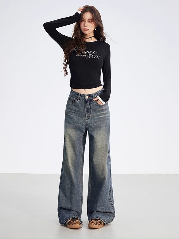 Dual-Layer Letter Embellished Slim-Fit T-Shirt