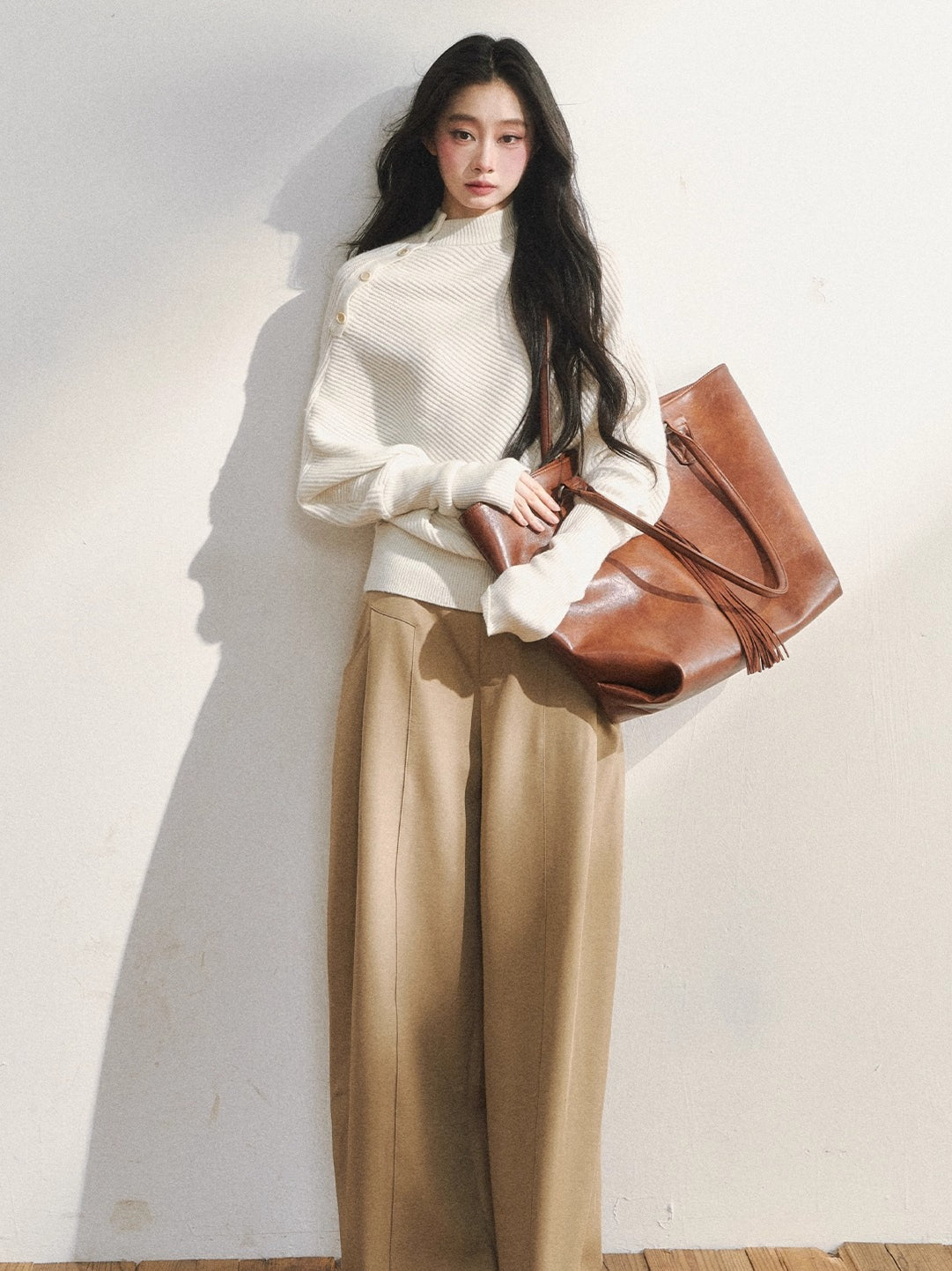 Asymmetric Buttoned White Knit Sweater
