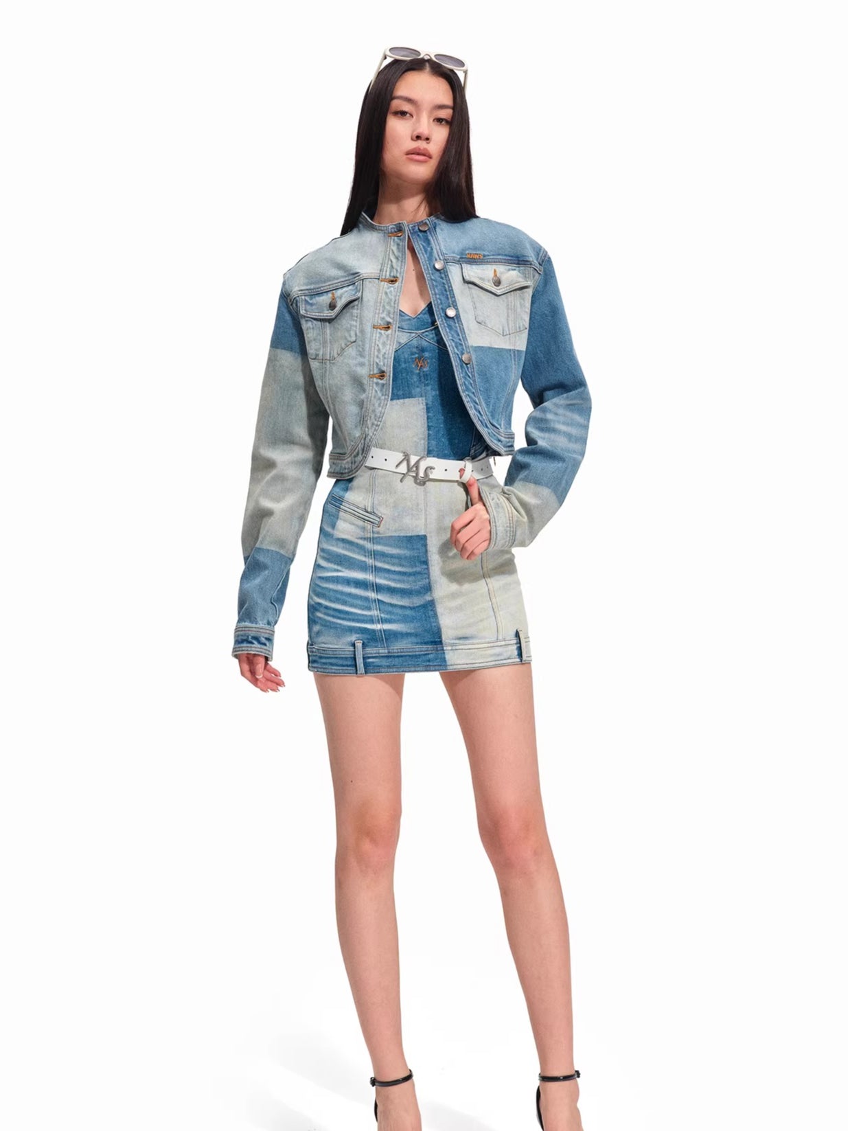 Equestrian Contrast Panel Washed Denim Jacket