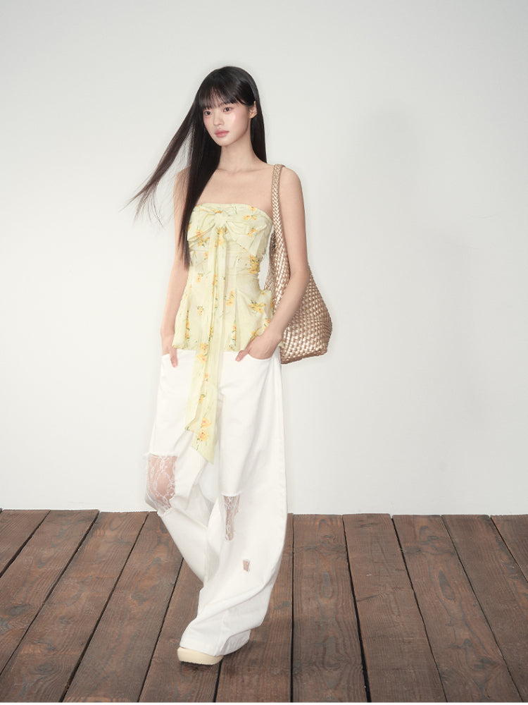 Yellow Floral Elastic Bow - adorned Strapless Top - CHINASQUAD