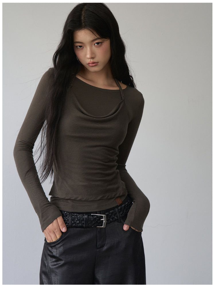 Fake Two-Piece Knit Long-Sleeve Blouse - CHINASQUAD