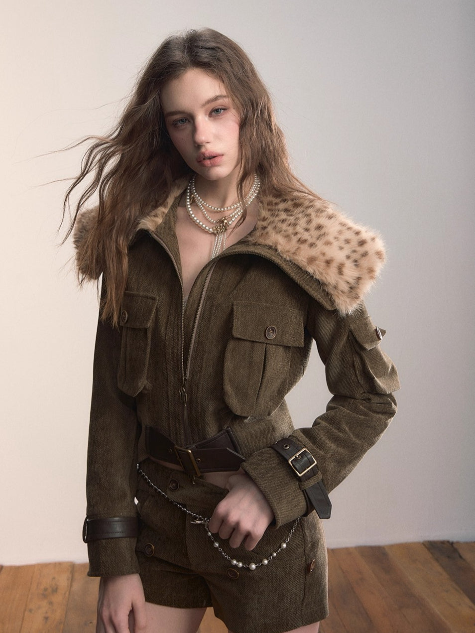 Leopard Faux Fur Collar Belted Puffer Jacket