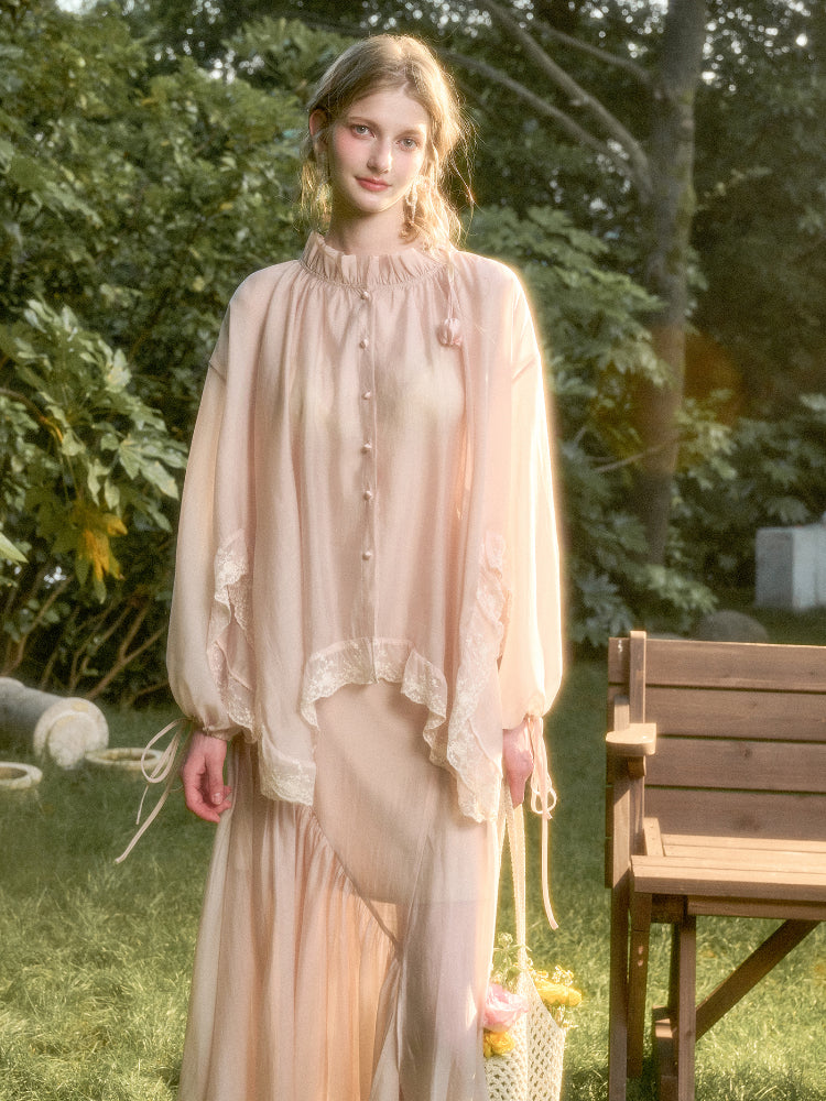 Lace Round Neck Trimmed Shirt - CHINASQUAD