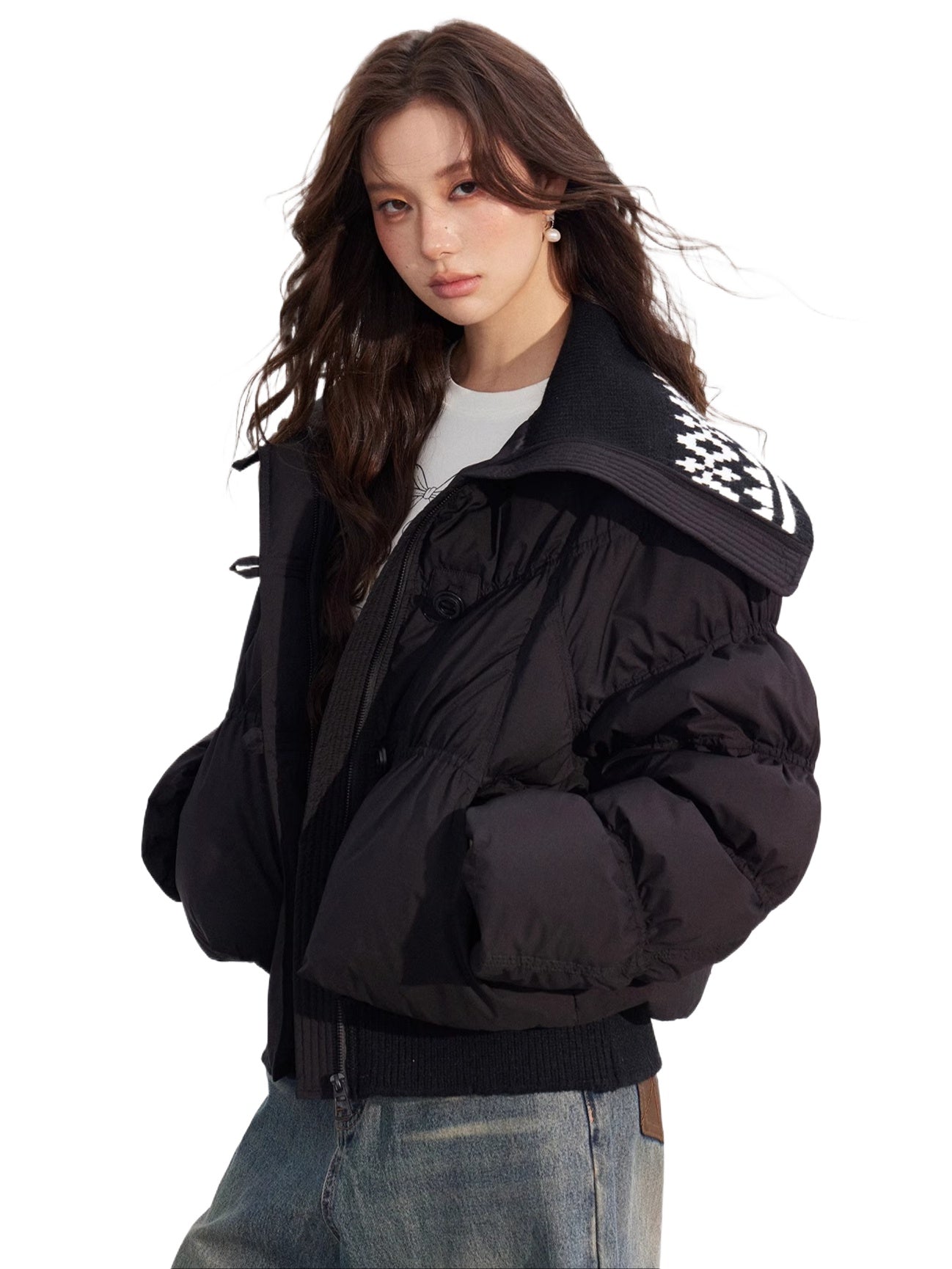 Contrast Panel Sailor Collar Down Jacket