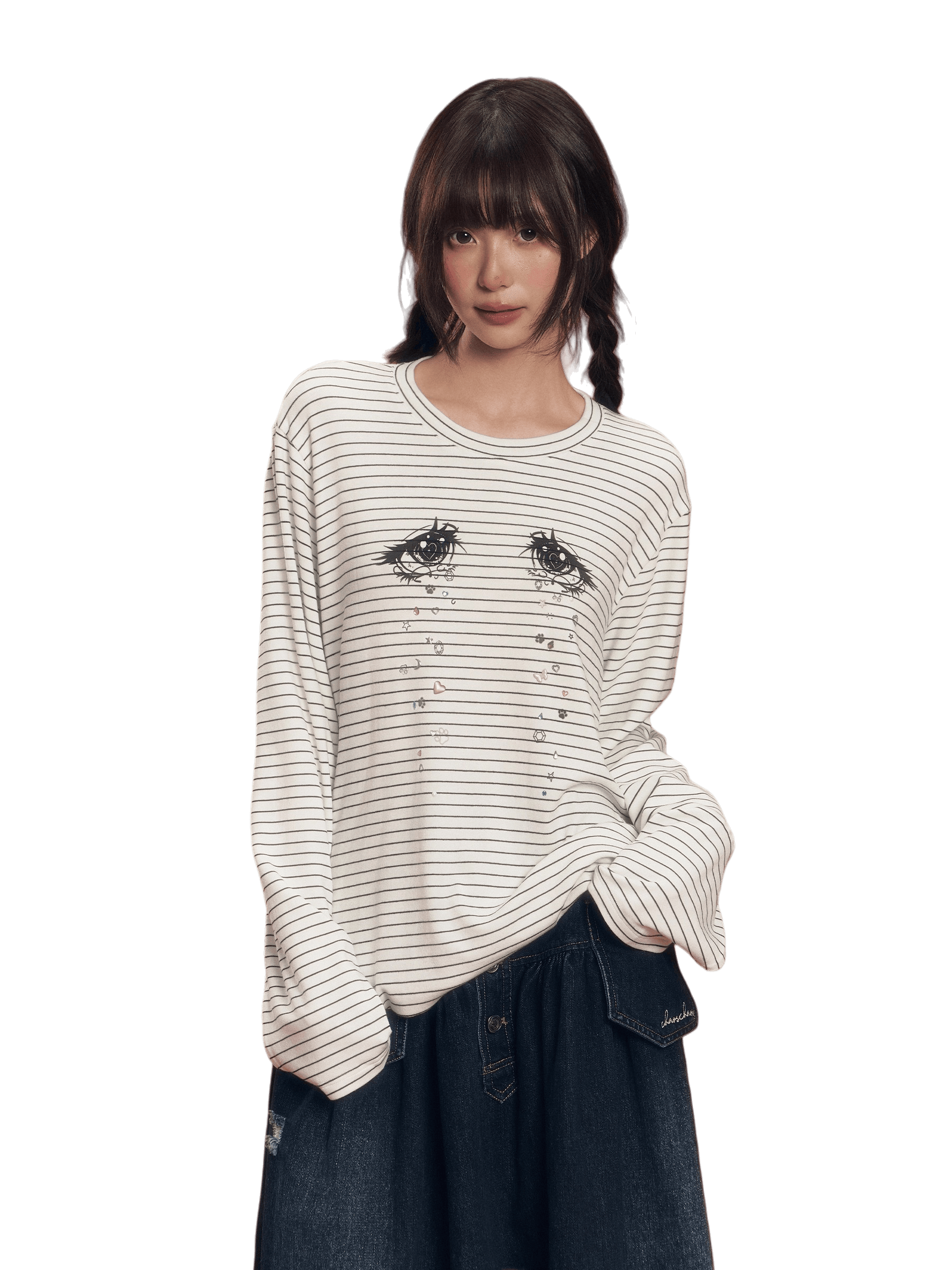 Crystal Eye Print Striped Long-Sleeve T-Shirt
