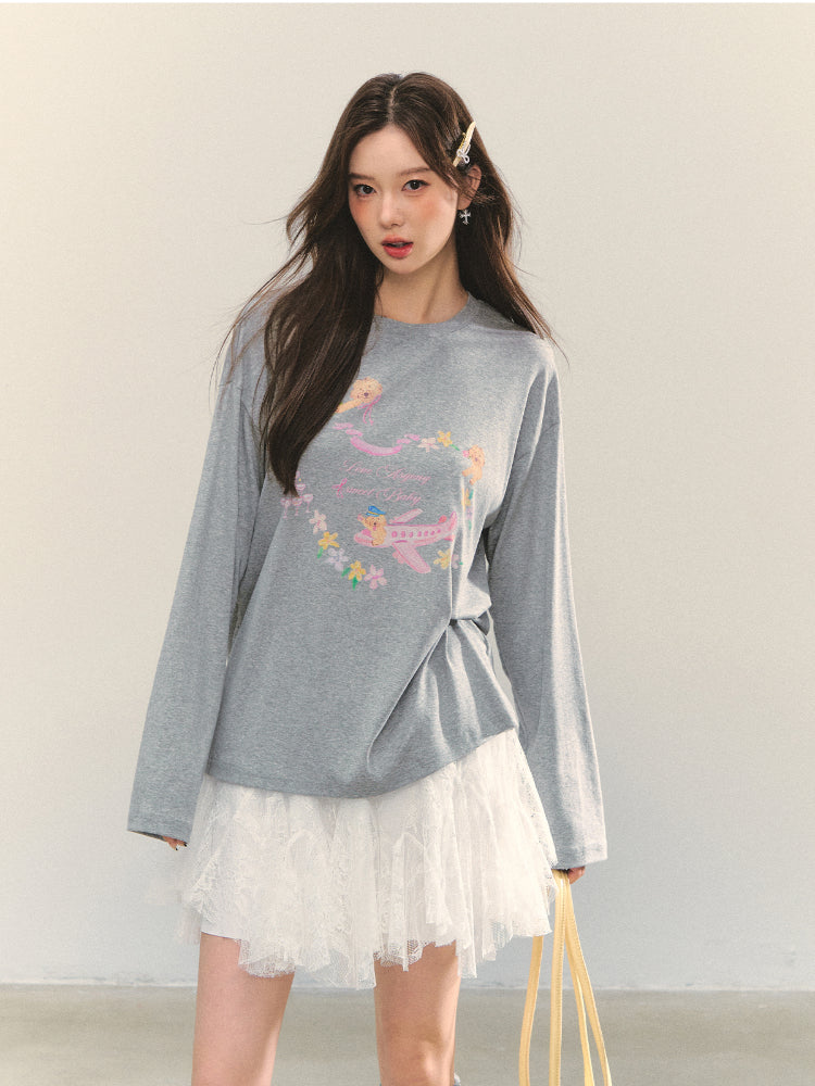 Crew Neck Dog Print Long-Sleeve Tee - CHINASQUAD