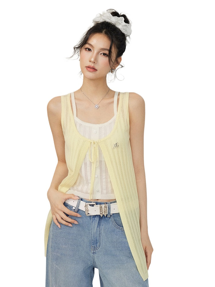 Fake Two piece Hollow-out Knitted Vest - CHINASQUAD