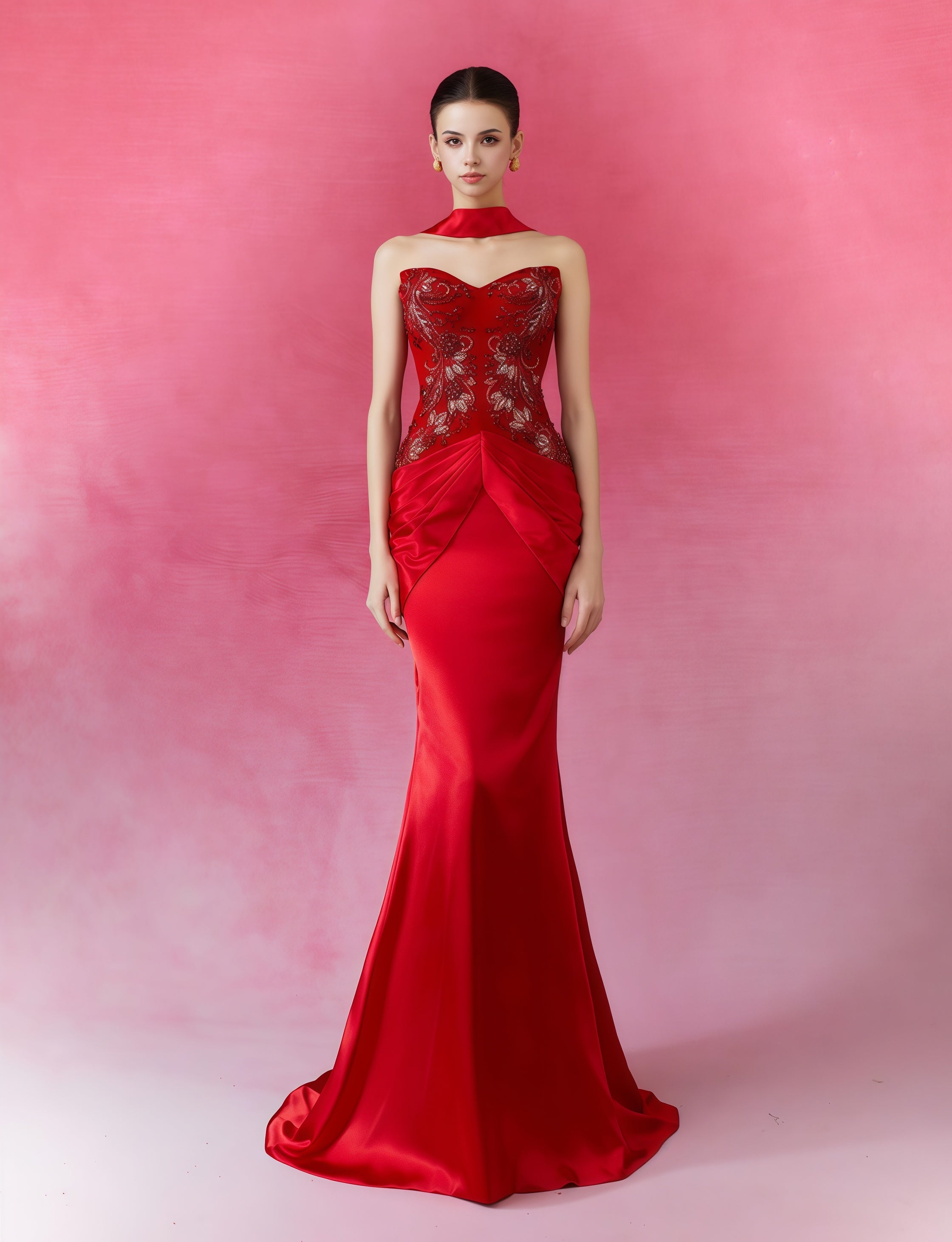Scarlet Embroidered Halter Neck Mermaid Gown
