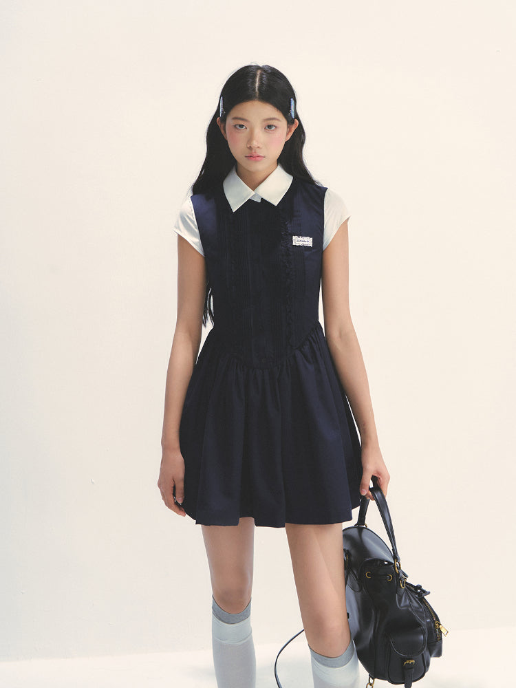 Miu-style Fake Two-piece Navy Blue Dress - CHINASQUAD