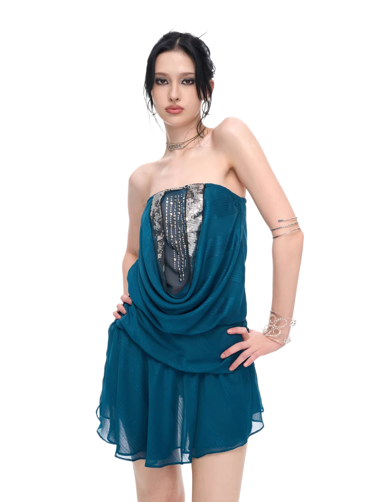 Teal Embellished Draped Strapless Chiffon Mini Dress Blue(Pre-sale) / M