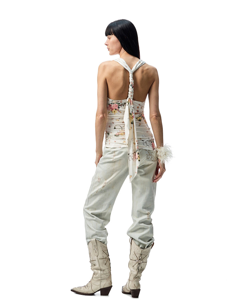 V-Neck Draped Collar Back Knot Tank Top - CHINASQUAD