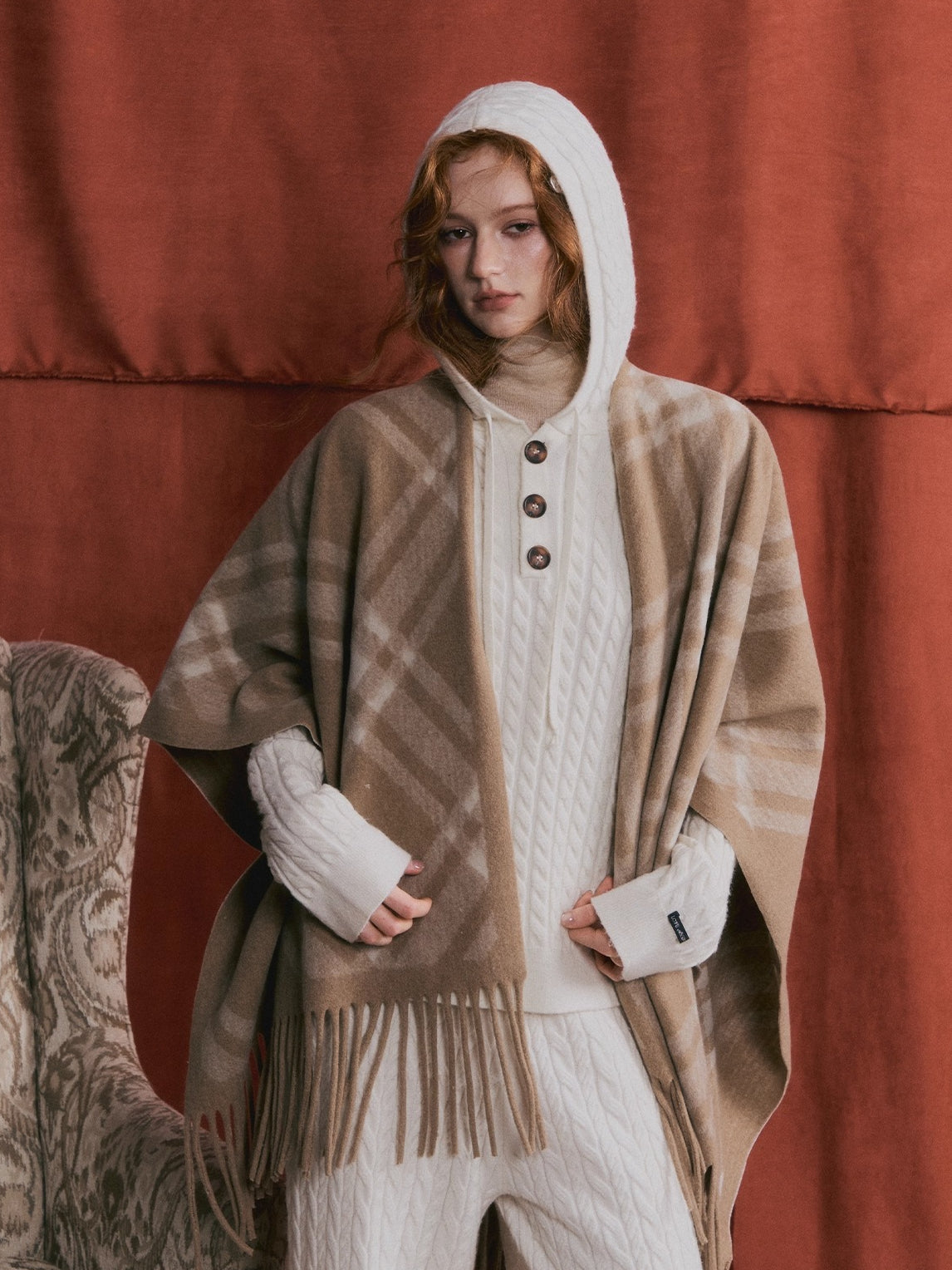 Vintage Plaid Tassel Cape Scarf