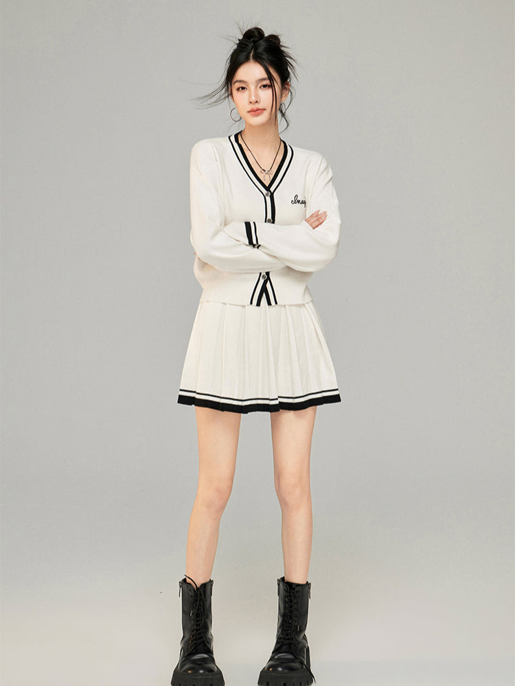 Contrast Color Knit V-neck Cardigan Set - CHINASQUAD