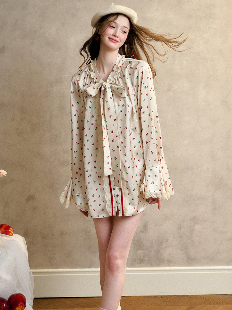 Berry Lace Print Shirt Dress - CHINASQUAD
